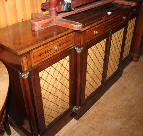 Regency style brass inset mahogany breakfront side cabinet(-)